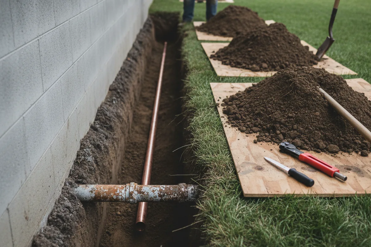 Excavated water line trench during Water Softener Installation in Huddy